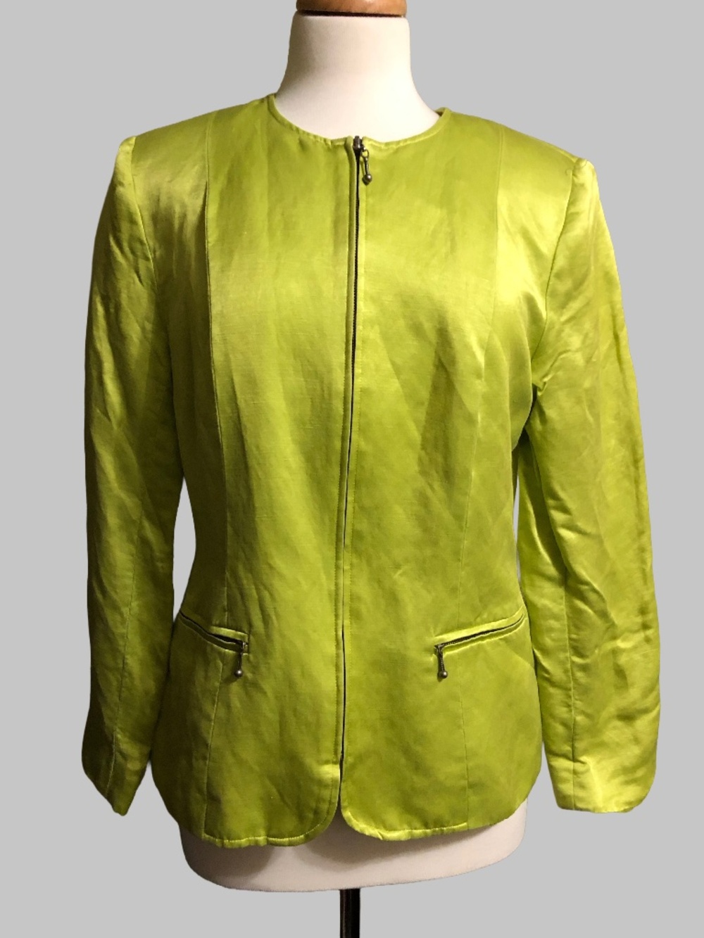 Rafaella Lime Chartreuse Linen Silk Blend Zip Up Blazer Jacket Size 6